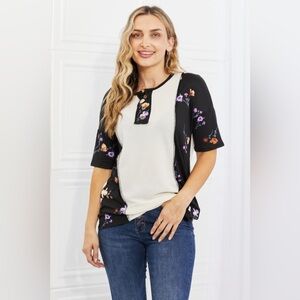 BOMBOM She's Blossoming Floral Contrast Knit Top in Black